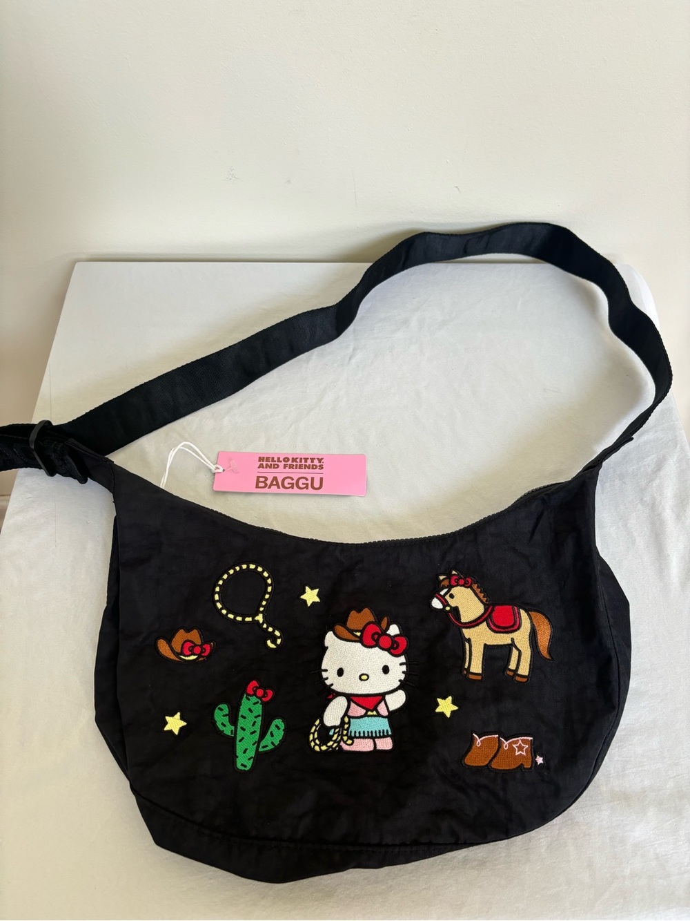 Baggu Medium Nylon Crescent Bag Embroidered Hello Kitty Western Bag NWT